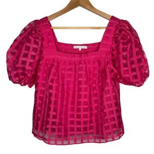 English Factory Hot Pink Fuchsia Windowpane Puff Sleeve Top‎ Women Size Large